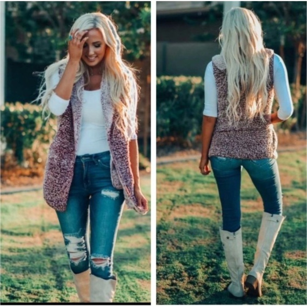 Love Tree Burgundy Sherpa Hooded Vest Large Marbled Open Front Pockets 000100